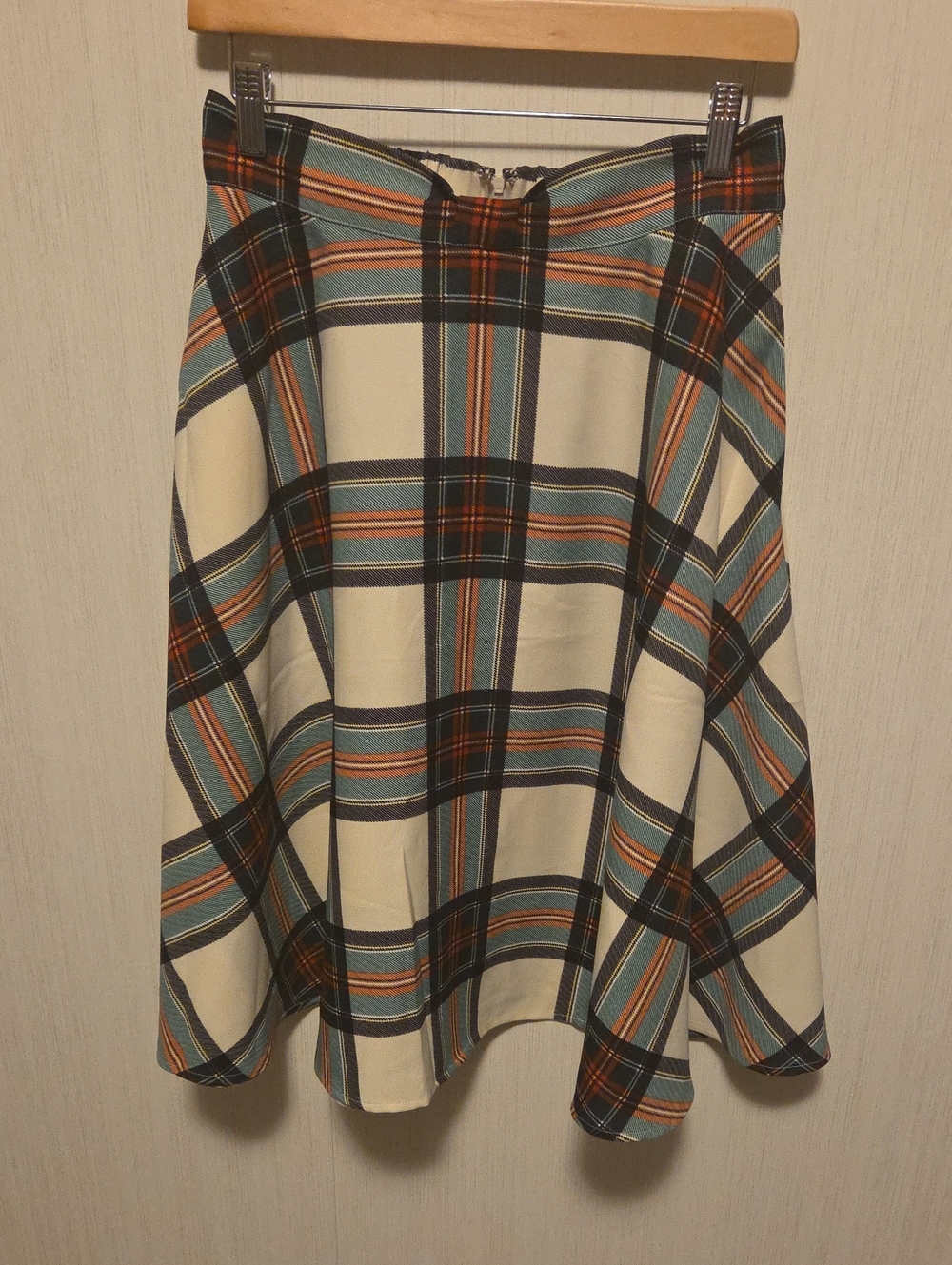 Modcloth Cream Plaid Circle Skirt with Teal & Red Stripes